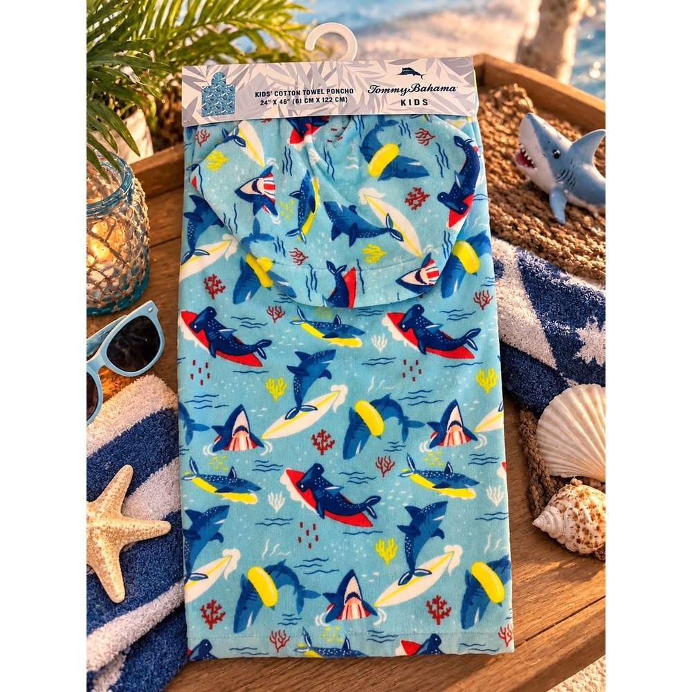 Tommy Bahama Kids Cotton Towel Poncho Blue Shark Print Hooded Beach Towel 24x48